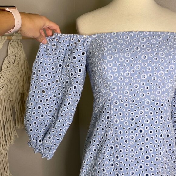 Prose & Poetry Sheila Midi Dress Size Small Blue Eyelet Off the Shoulder New - Picture 6 of 13
